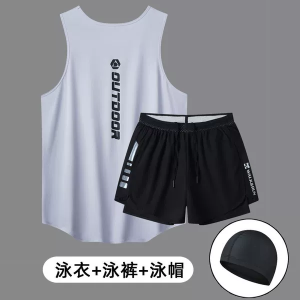 White vest, trousers, swimming cap