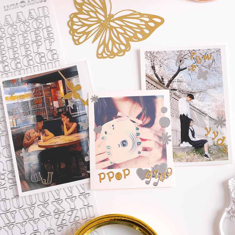 Dorado letras de estampado de plata pegatinas digitales Borde de oro y plata símbolo de forma especial Goo Tarjeta de material pegatinas DIY mano cuenta letras doradas