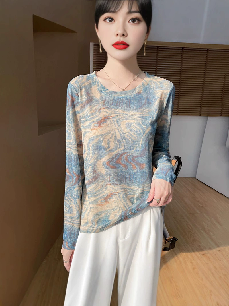 Lycel Tian Si 2025 г. Женская краска на галстуке с коротким повседневным круглым вырезом с длинным рукавом и нижней рубашкой с диким верхом