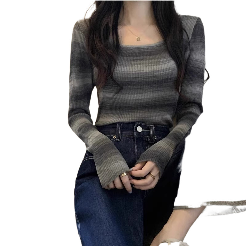 디자인 센스 스트라이프 스퀘어 칼라 쇼트 탑 여성용 긴 소매 2024 가을과 겨울 달콤한 핫 슬림 핏 내베이스 니트 스웨터 AX