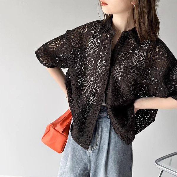 Cross-Border Japanese and Korean Export Women's New Style Crochet Block Lace Short-Sleeved Shirt for Women