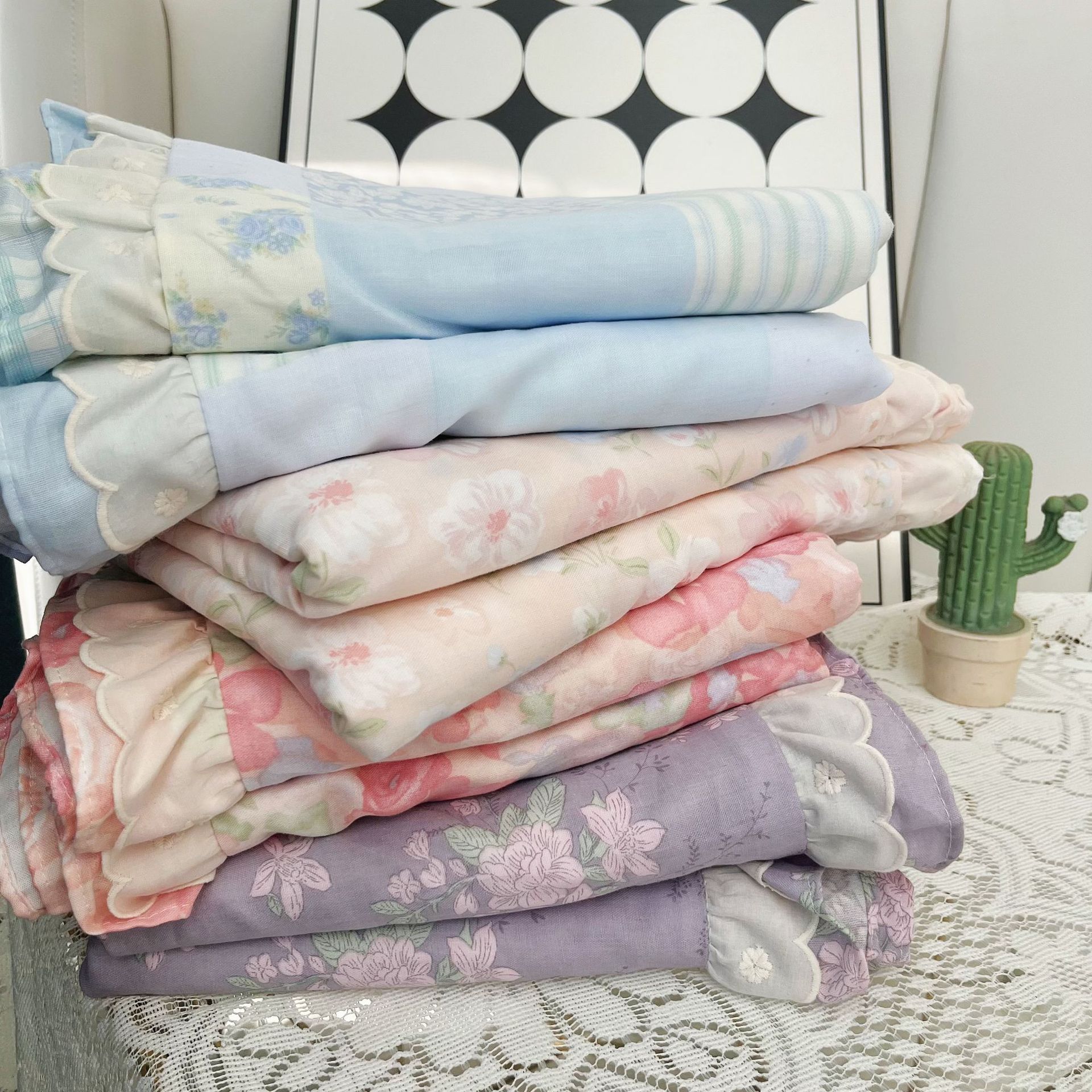 Single Duvet Cover and Pillowcase ~ Class a Maternal and Infant Pure Cotton Double-Layer Gauze Single Item, Pure Cotton Gauze Exquisite Lace Single Item Bedding