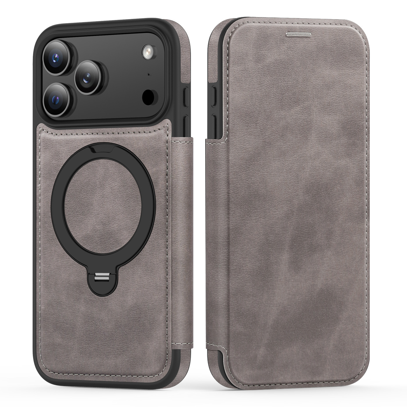 Ốp lưng da lật iPhone 16 Pro Max xoay 360 độ tích hợp giá đỡ từ tính — màu đen, màu xanh hoàng gia, Màu nâu, xám chi tiết 9