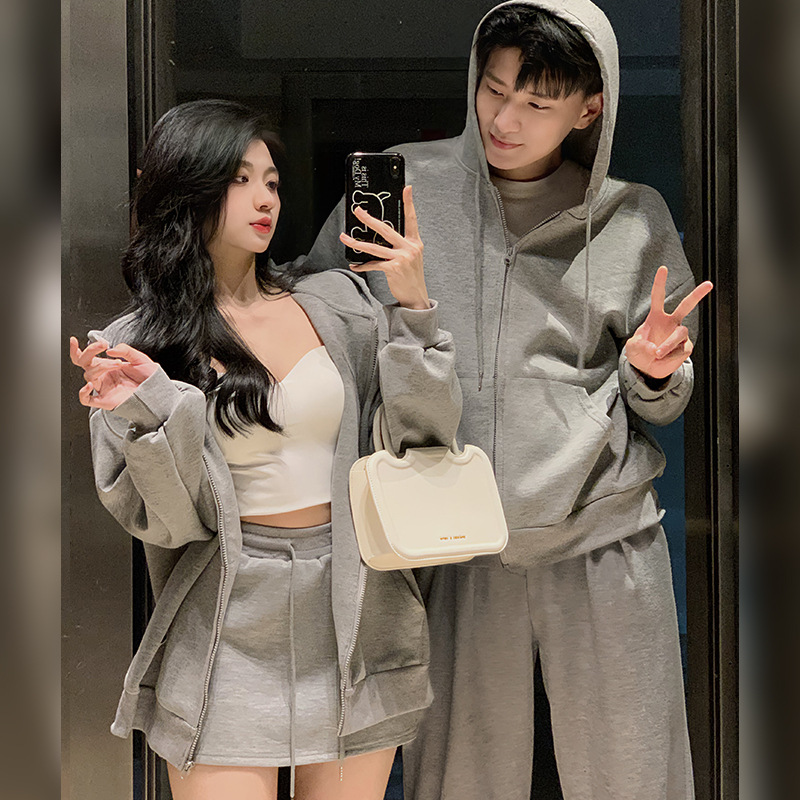 하이 퀄리티 커플 패션 세트 지퍼 스웨트 코트 여성용 치마 안전 바지