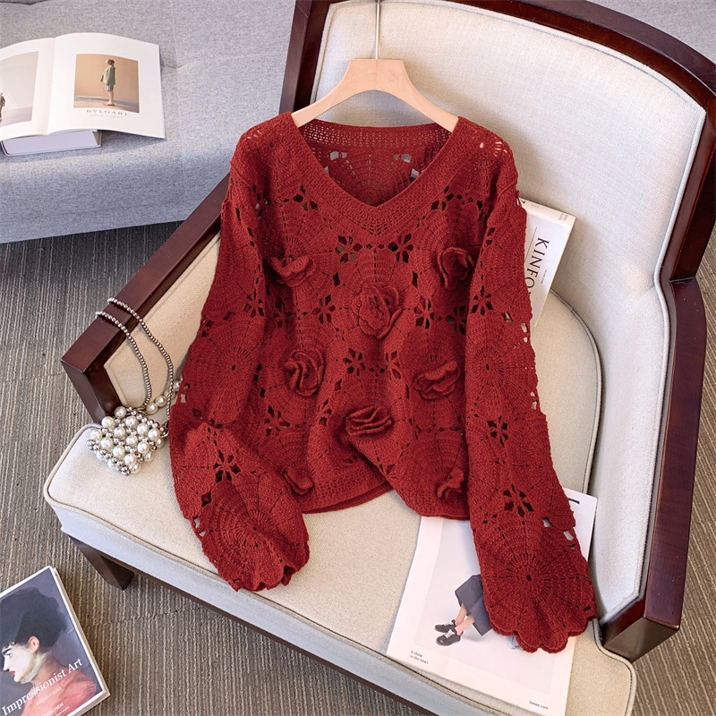 Red Three-Dimensional Flower Long-Sleeved Sweater for Women Spring and Autumn Large Size Fat Design Hollow Bottoming Shirt Top