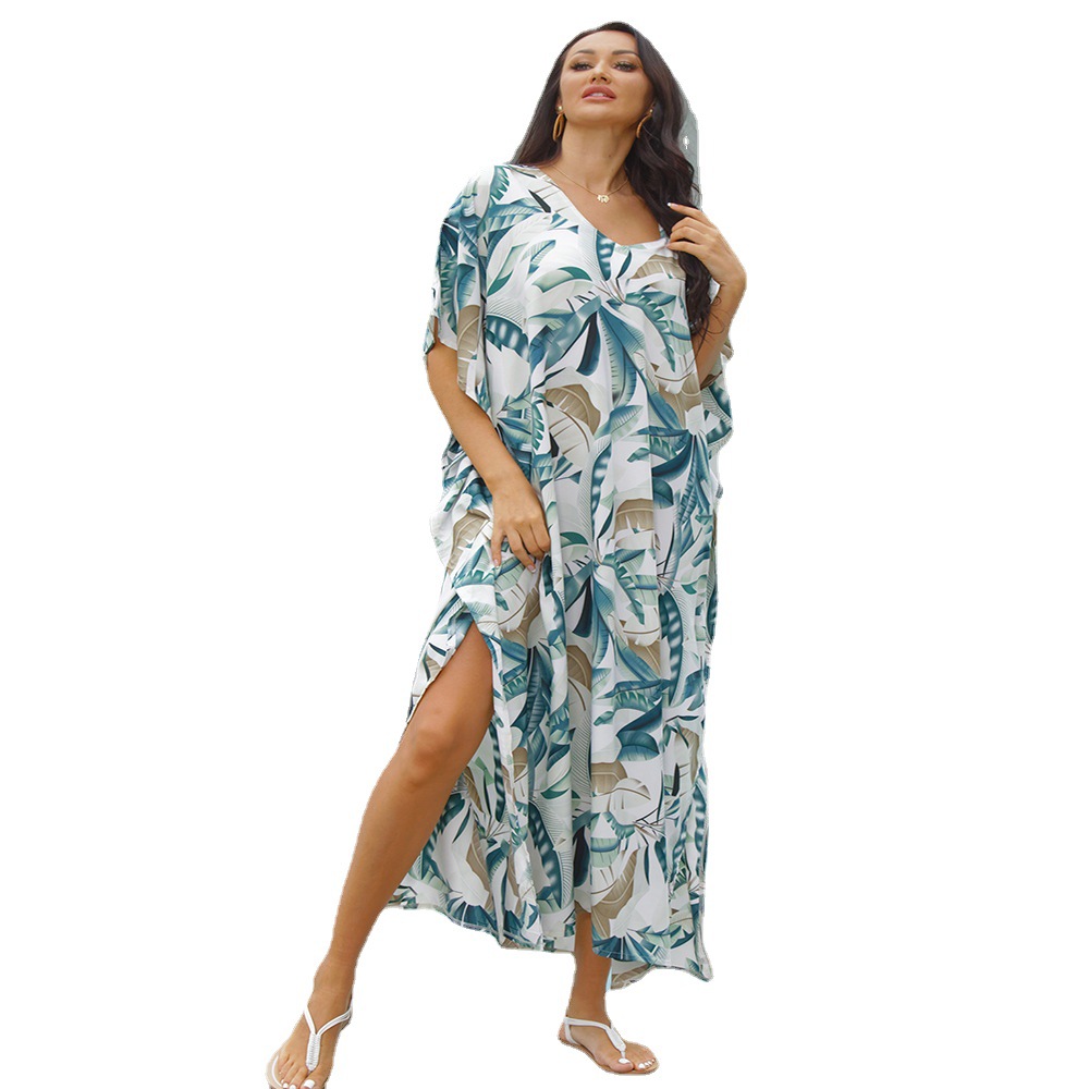 Europa y América de secado rápido blanco Fondo hojas impreso playa vestido vacaciones mono vestido largo playa Playa Sol protección camisa blusa 1D35
