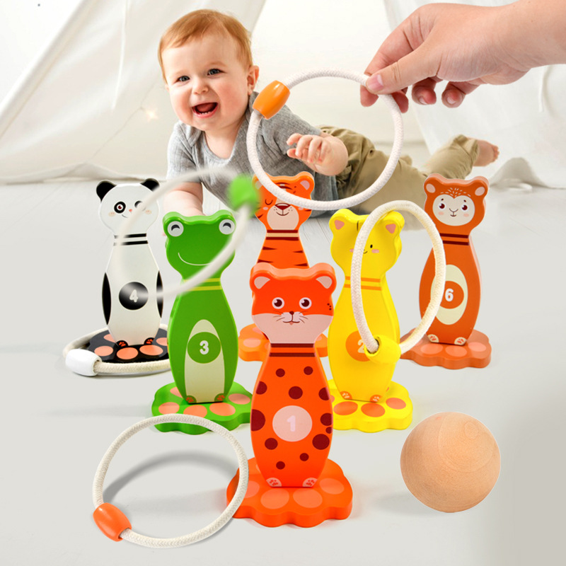 Anillo de bolos de animales de madera Juego interactivo entre padres e hijos para bebés Entrenamiento de agarre de rompecabezas Educación temprana de rompecabezas para niños y niñas