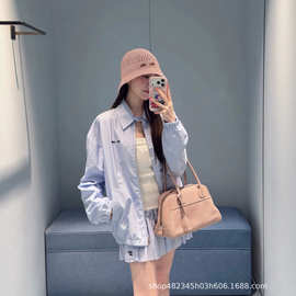 高品质版本原标现货miu家双层浅蓝维希格翻领哈灵顿夹克外套男女
