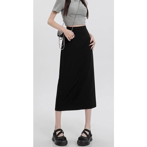 Women's High-Waisted Straight Leg Black Pencil Skirt with Side Slit, Summer Semi-Long Skirt, Thin Version