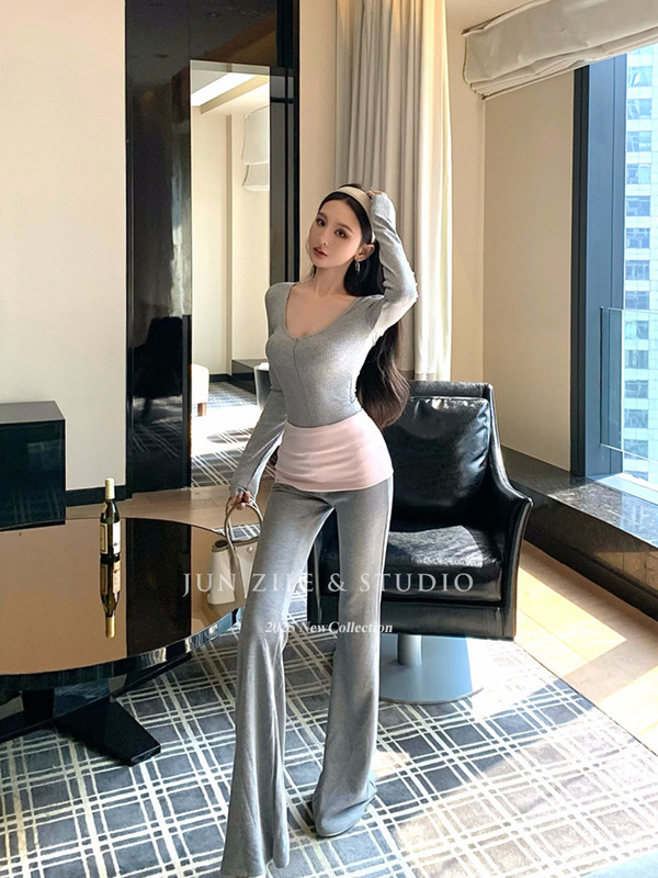 小个子绝美小套装韩女曲线V领修身打底衫长袖上衣撞色微喇叭长裤|undefined