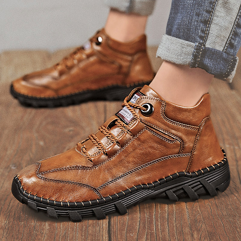 New cross-border plus size high-top outdoor casual leather boots handmade stitching shoes comfortable trendy outdoor hiking shoes