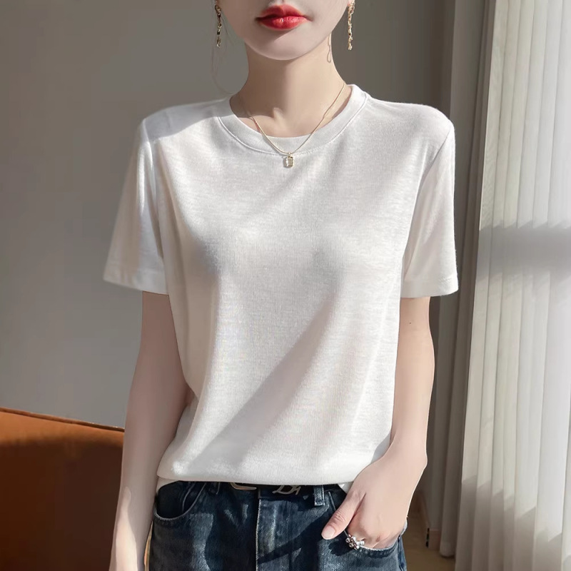 26 Summer Round-Neck Lyocell Tencel Knit Short-Sleeve Women's Solid Color Versatile Top Loose Slimming T-Shirt