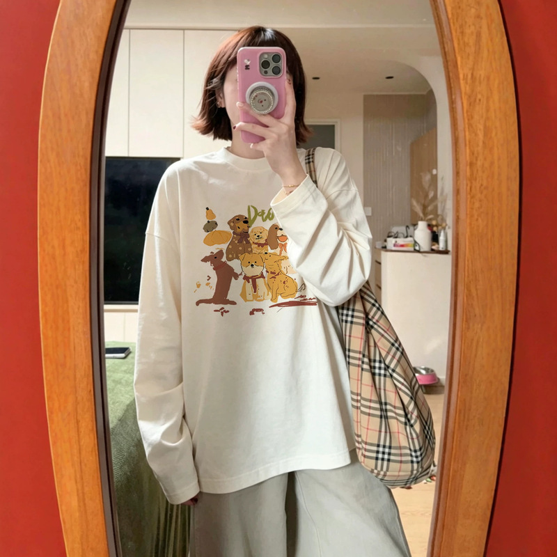 White pure cotton long-sleeve t-shirt with puppy print for women, spring and autumn, loose and casual style, unique design, niche base shirt top White pure cotton long-sleeve t-shirt with puppy print for women, spring and autumn, loose and casual style, unique design, niche base shirt top
