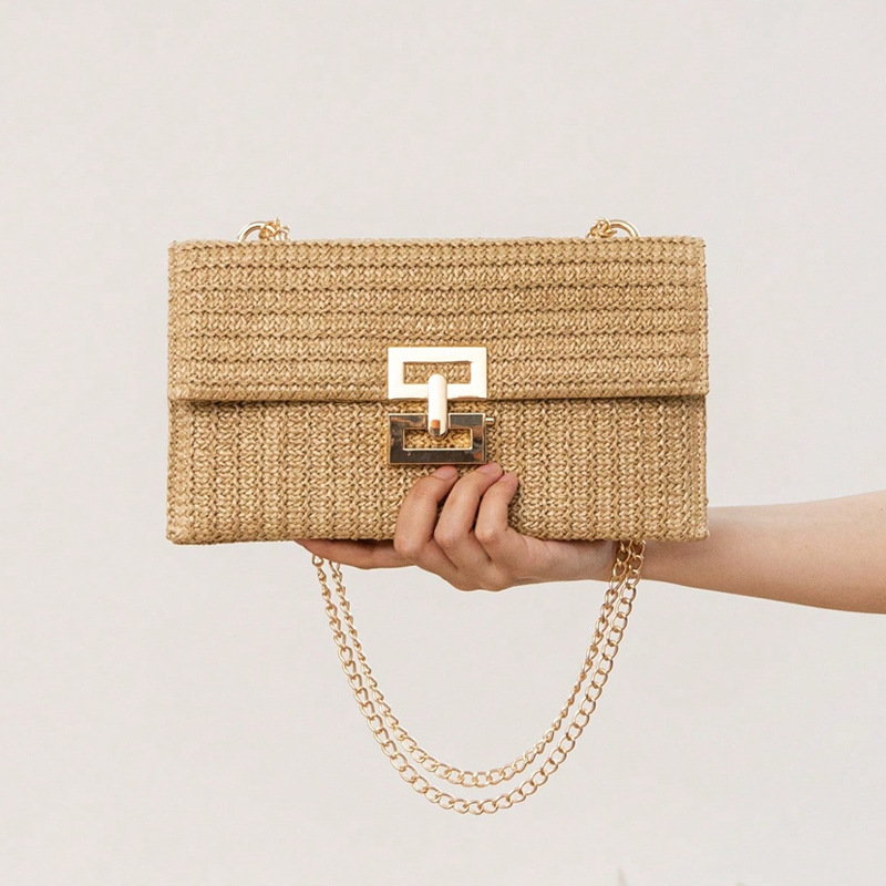 2025 New Vacation Style Multi-Compartment Chain Flap Twist Lock Straw Woven Shoulder Cross-Border Women's Bag_voghion.com