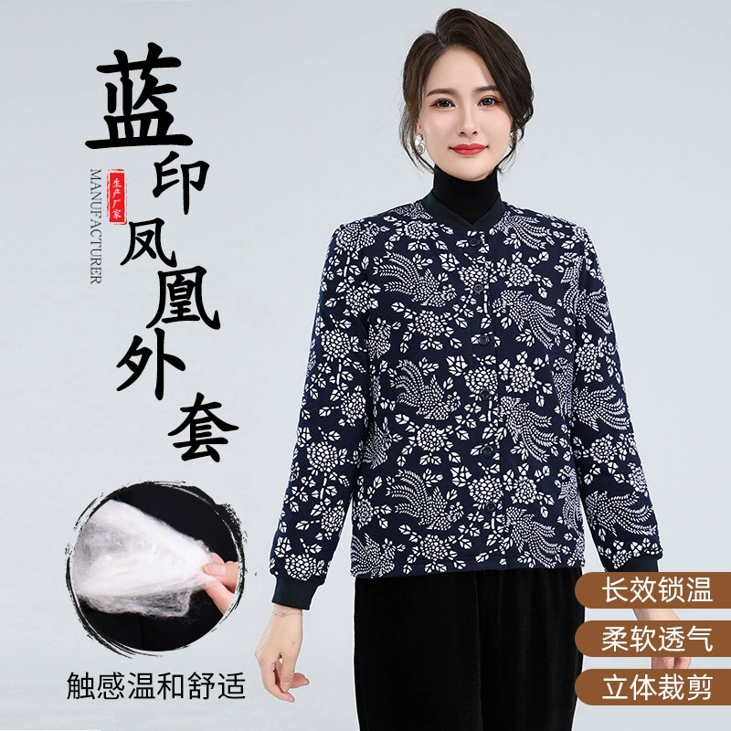 Теплое подкладка трикотажное хлопковое пальто с длинными рукавами темно-синий узор элегантное модное хлопковое пальто в мамочке