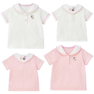 in stock mk children's shirt summer new girls cartoon bunny embroidery navy collar short sleeve shirt