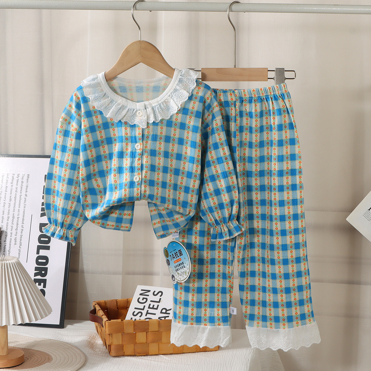 Stretch cotton yarn suit blue checkered flower sea