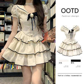 韩漫女主纯欲学院风海军领连衣裙女夏季提花甜美收腰蓬蓬公主短裙