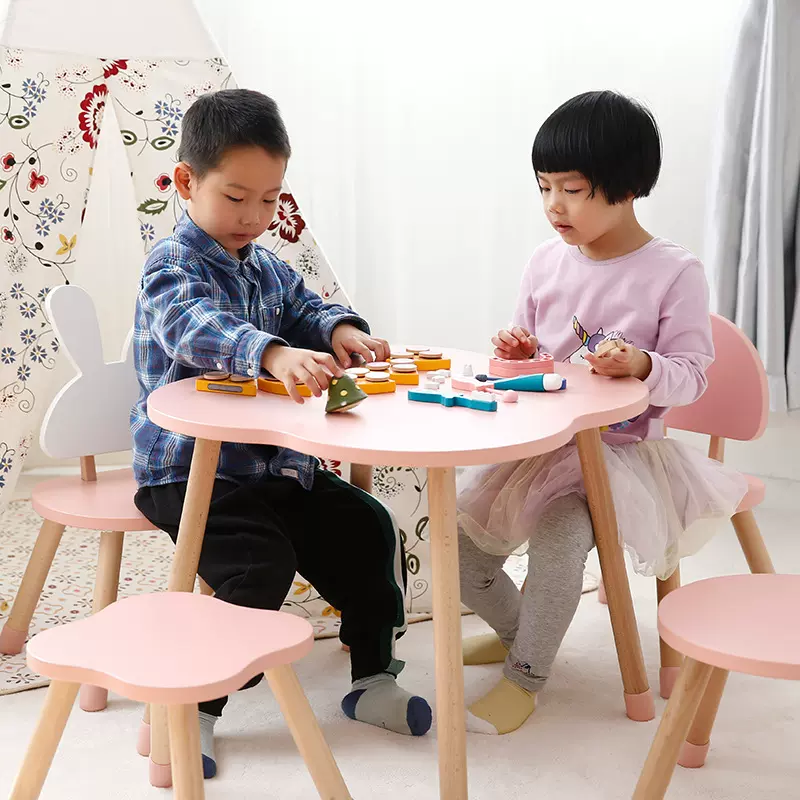 ins北欧家用看书吃饭桌幼儿园早教木桌椅儿童卡通田园系桌椅套装