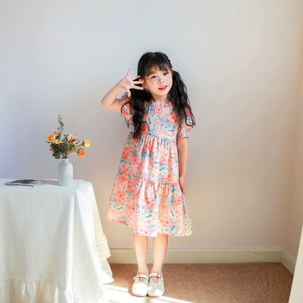 Girls Pure Cotton Dress Summer Long Dress Fashionable Middle and Older Children Vacation Children Short-Sleeved Skirt Summer