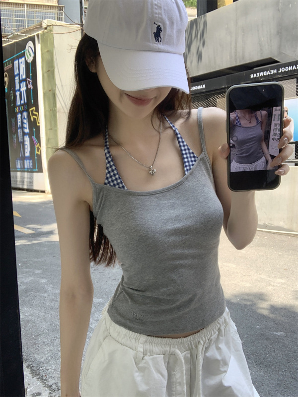 灰色假两件挂脖吊带背心女夏季外穿带胸垫辣妹风修身短款无袖上衣|undefined