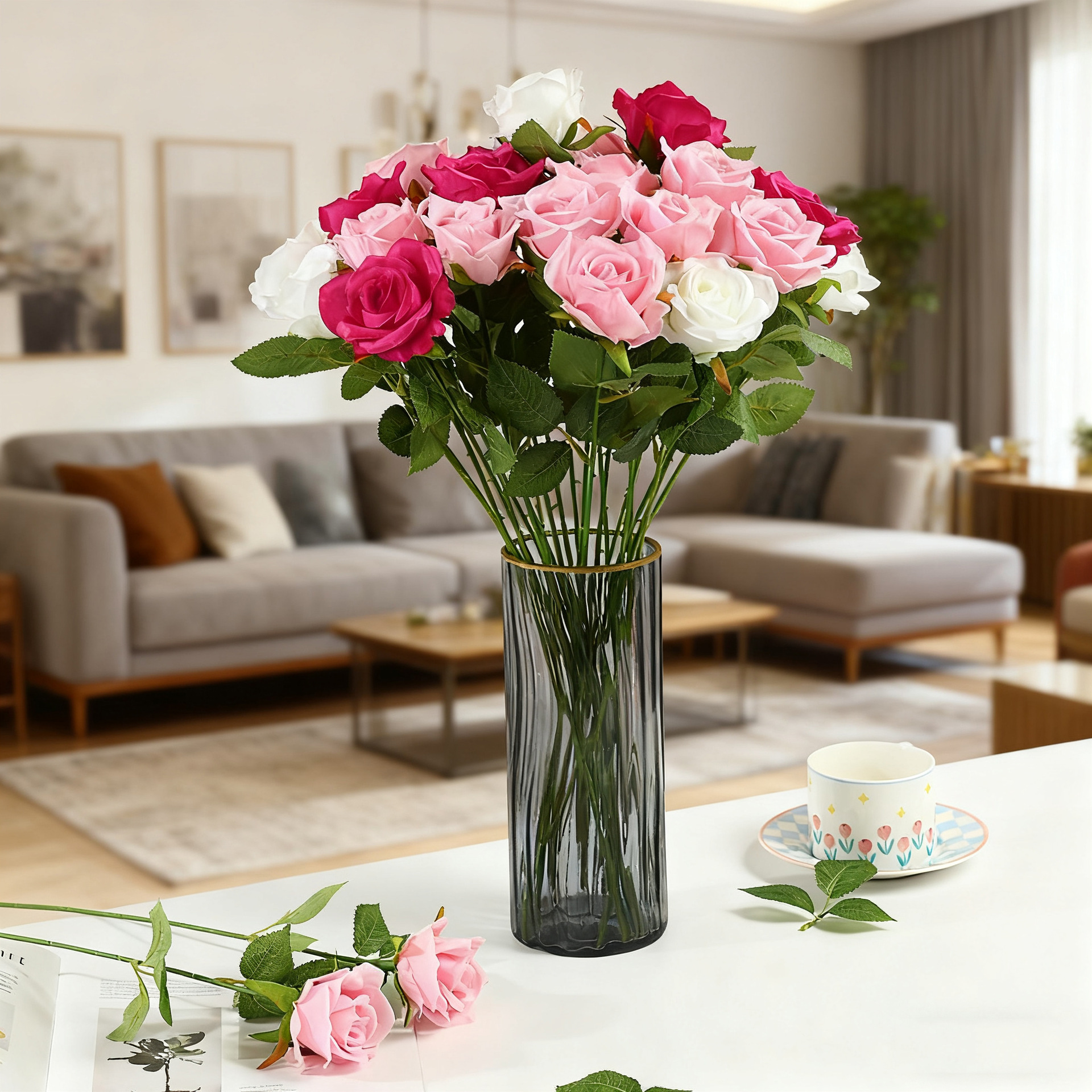 仿真珍珠玫瑰花束高级感酒店婚礼餐桌装饰永生花户外拍摄假花批发