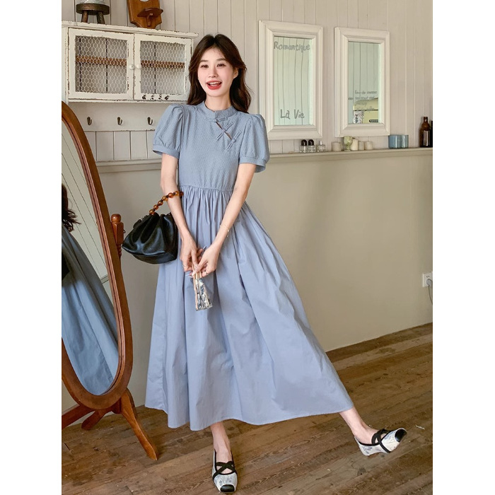 Blue Chinese Style For Women, Summer 2025 New Model, Improved Cheongsam, Elegant And Slimming Long A-line Dress_ecoleips.com