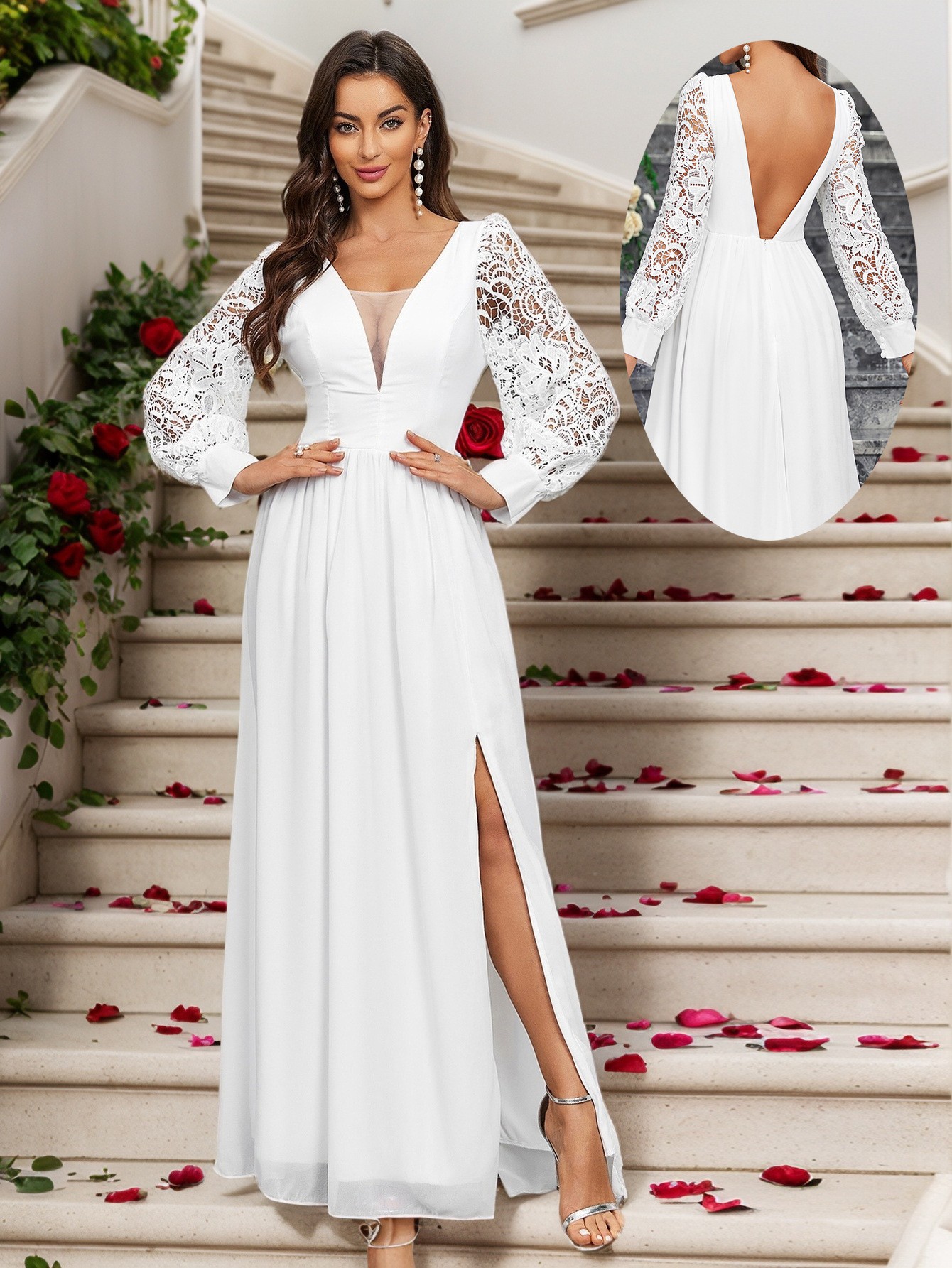 Comercio exterior de mujer transfronteriza 2025 nuevo estilo de manga larga con cuello en V encaje gasa sin espalda boda vestido de dama de honor banquete