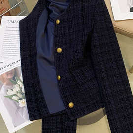 韩版藏青色小香风西装外套2025秋冬新款气质休闲小个子女式上衣