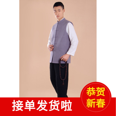 Chinese style Tang costume Vest men's wear Stand collar Retro frog waistcoat Cotton and hemp With cotton leisure time Ethnic style Buddhist clothes 6242