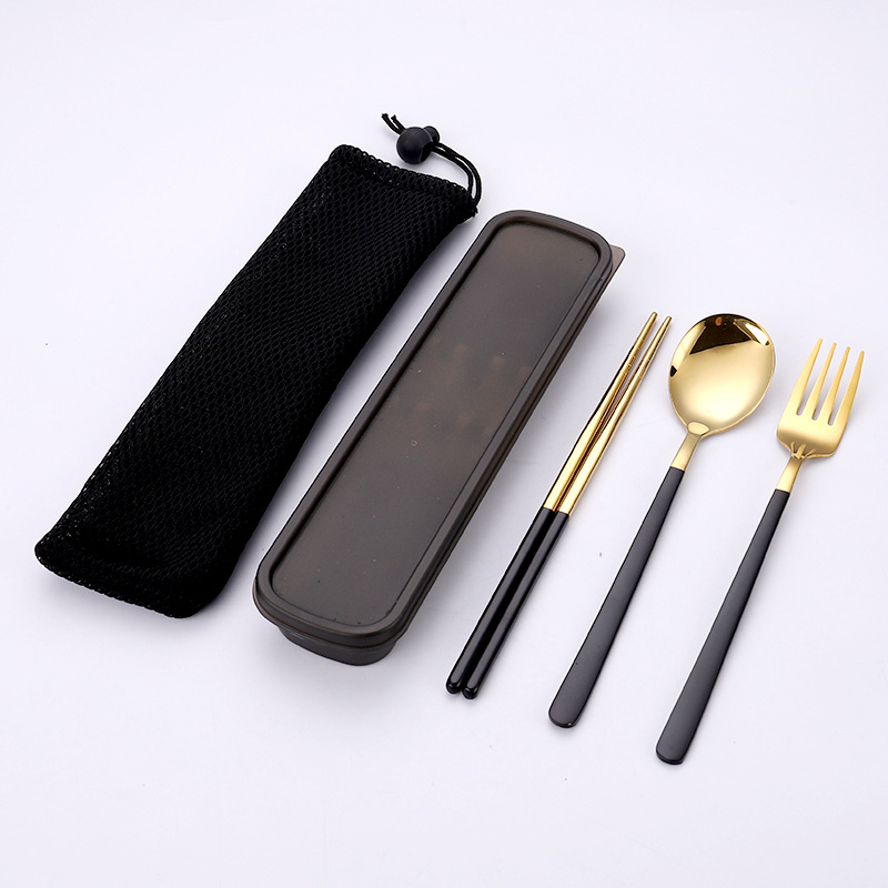 블랙 골드 스푼과 포크 젓가락 3 종 세트 (메쉬 백 포함)