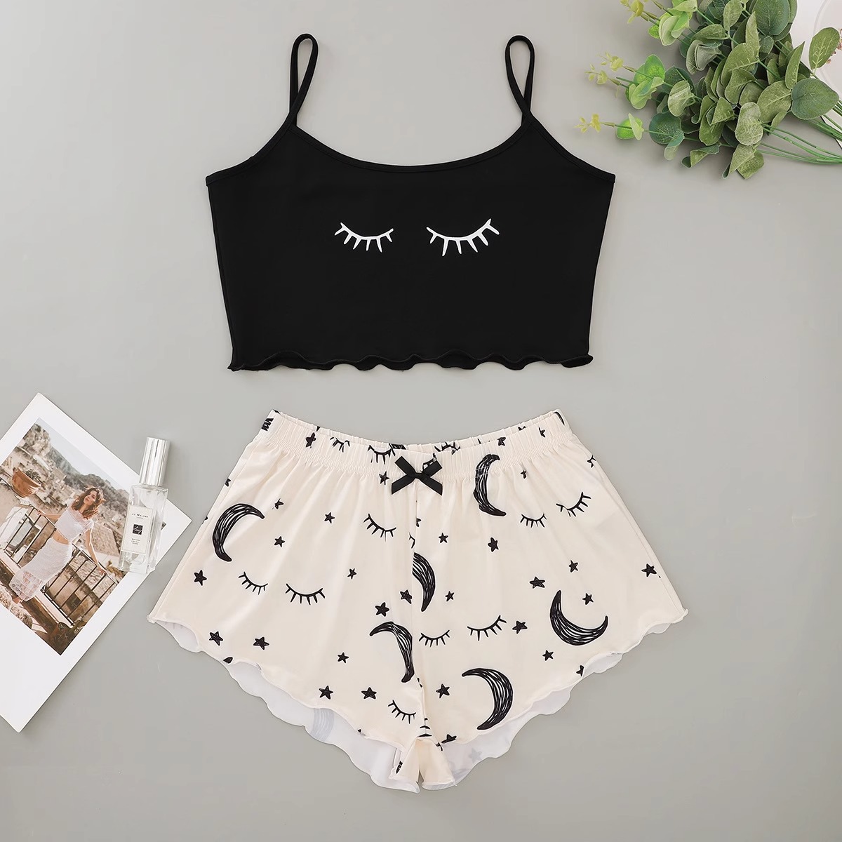 ChicShe Eyelash Print Camisole Top For Women With Star Moon Shorts, Loungewear, Pajamas, European And American Style Set_ecoleips.com