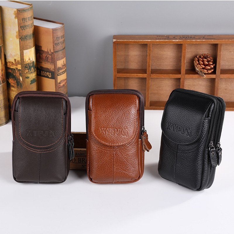 Simple cowhide waist bag men's business three-layer female buckle flip coin purse portable work wear-resistant mobile phone waist bag