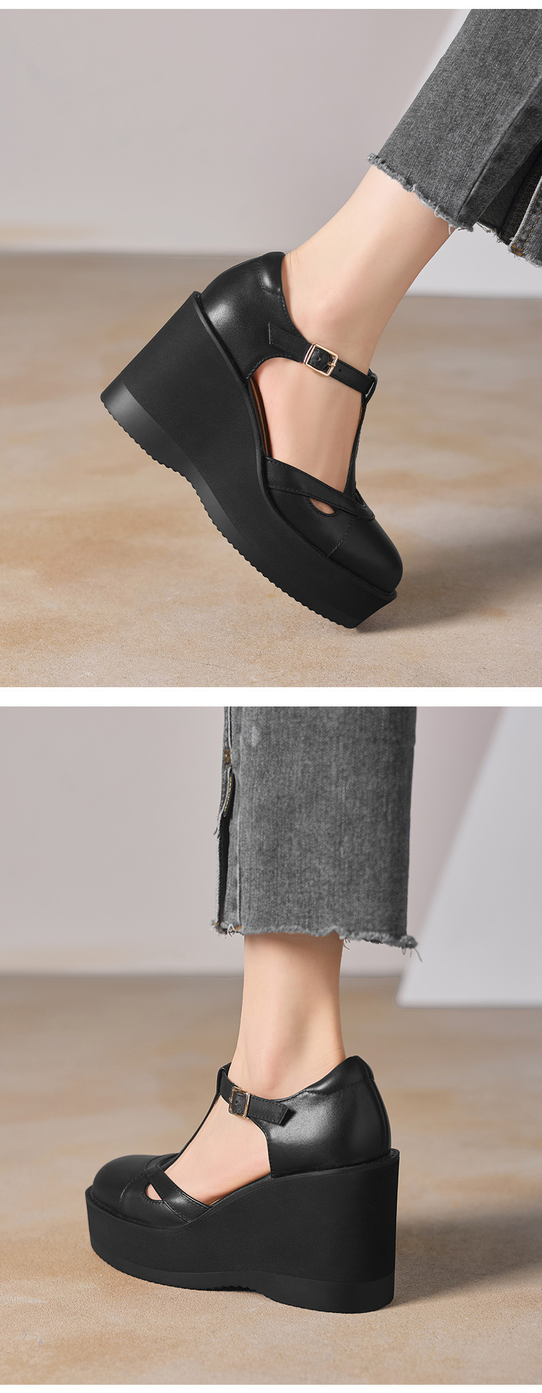 Sandal cao gót nữ quai ngang khóa T, đế dày platform, gót 9.5 cm — đen chi tiết 5
