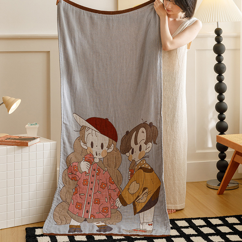 Korean-Style All-Cotton Bath Towel, Four-Layer Gauze, Pure Cotton and Linen, Water-Absorbent, Sweat-Absorbent Bath Towel, Towel, Shawl, Blanket, Home Use, Beach