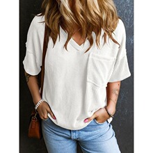 E 45645 Two Tone Twist Pocket V Neck Top �pɫŤŤ���� �羳��