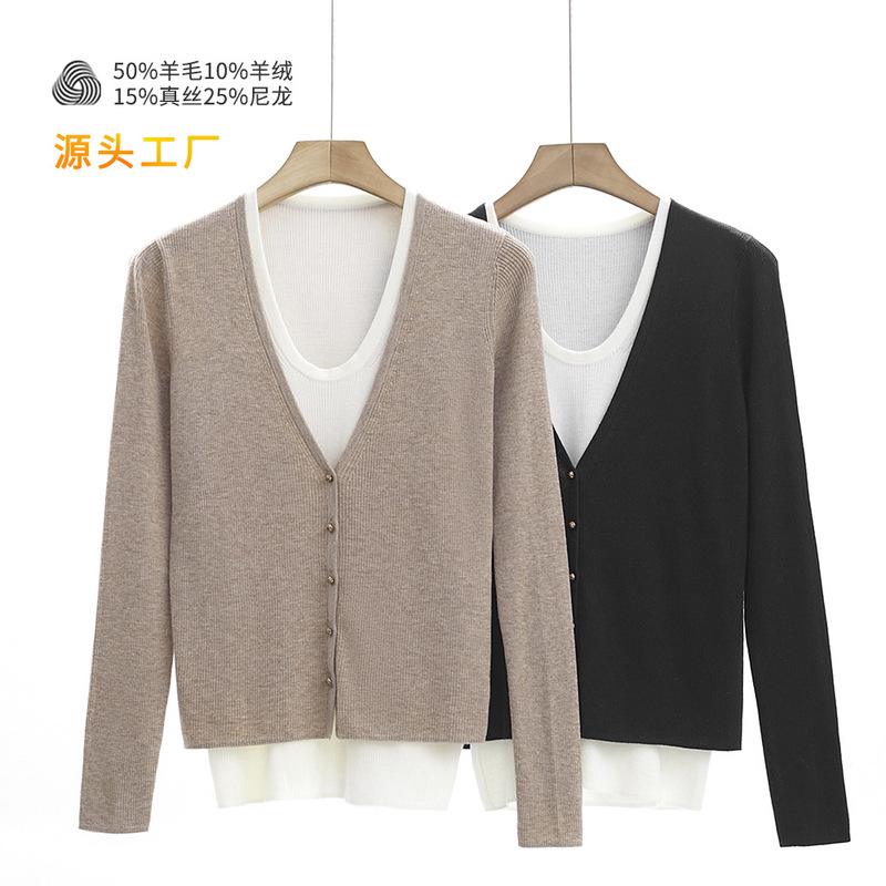 Hot-selling Early Autumn New Fake Two-piece Women's Wool Knitwear New Cashmere V-neck Long-sleeved Casual Pullover Sweater