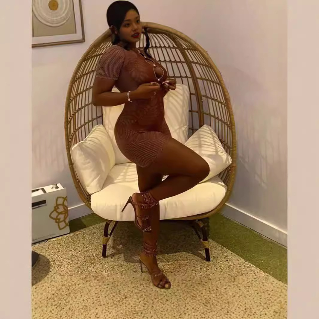 Plus Size European and American Style 2026 Solid Color Round Neck Three-Quarter Sleeve Slim Fit Sexy Hollow Out One-Piece Knitted Jumpsuit with Lace