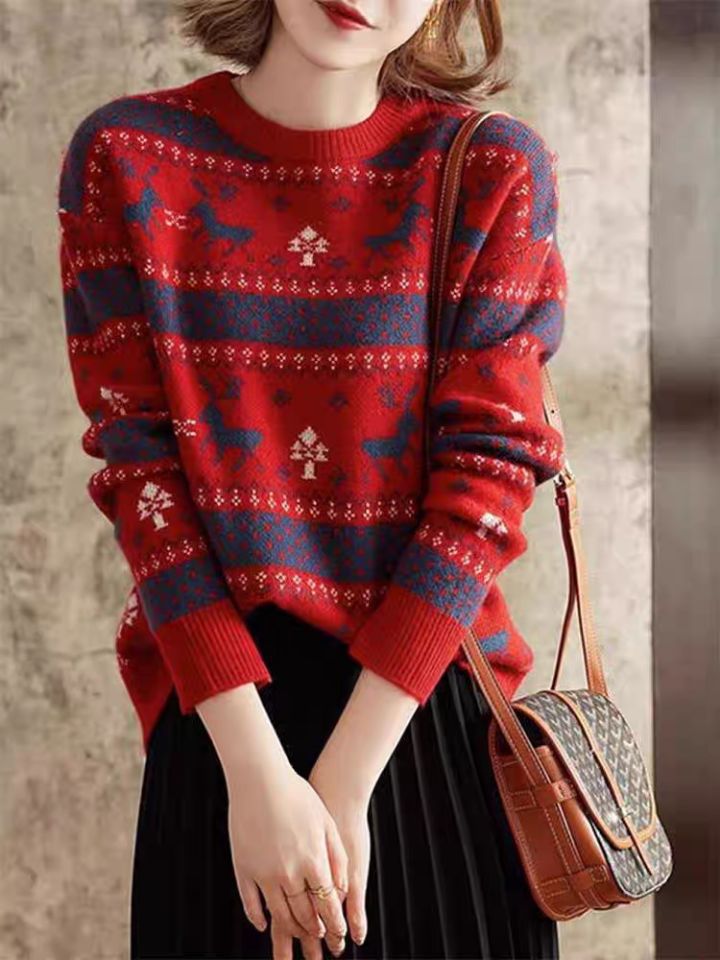 Áo len cổ tròn nữ họa tiết hươu nhỏ dệt nổi phong cách Hàn Quốc — màu đỏ