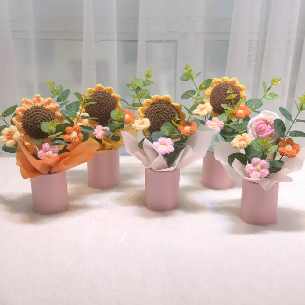 091泡芙花小花桶花束毛线仿真花束针织手工成品花公司礼闺蜜生日