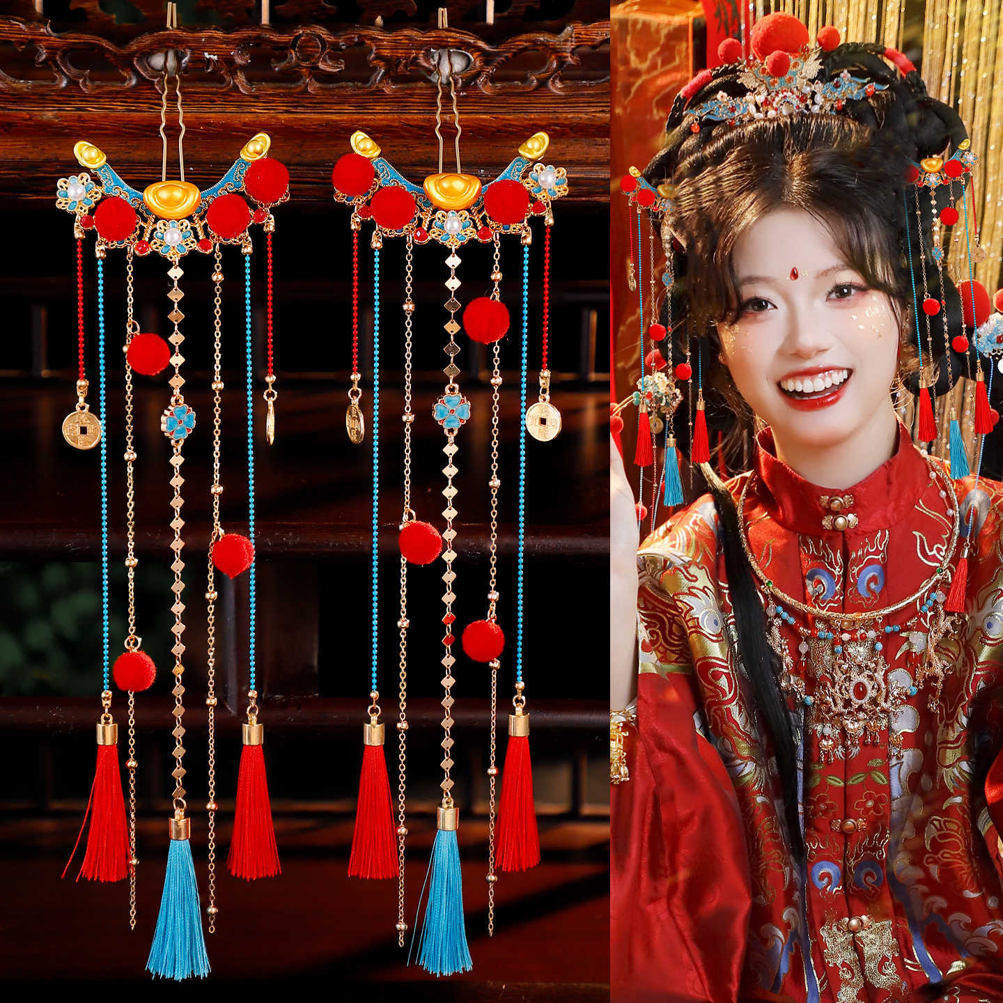 古风汉服喜庆新年cos小财神写真元宝铜钱发钗气质古装百搭发饰女