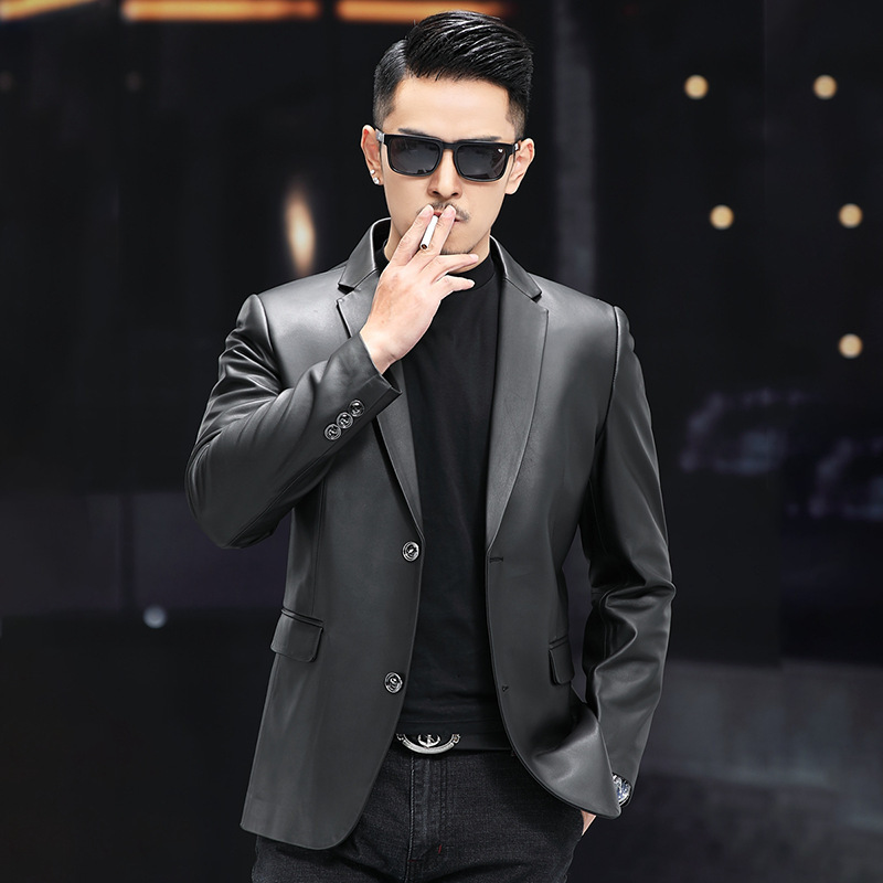 Haining Men's Genuine Leather Suit Tops Sheepskin 2025 Spring and Autumn New Business Casual Slim Top Trendy