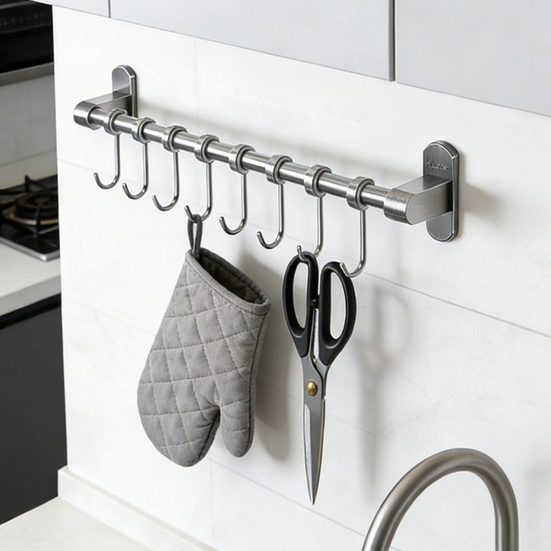 No-Drill Kitchen Utensil Wall-Mounted Storage Rack, Stainless Steel Brushed Hooks, Multi-Purpose Kitchen Storage Rack, Stainless Steel Hanging Rod No-Drill Kitchen Utensil Wall-Mounted Storage Rack, Stainless Steel Brushed Hooks, Multi-Purpose Kitchen Storage Rack, Stainless Steel Hanging Rod