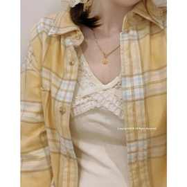 纯棉 实价 黄色格子衬衫女内搭叠穿打底上衣宽松显瘦衬衣