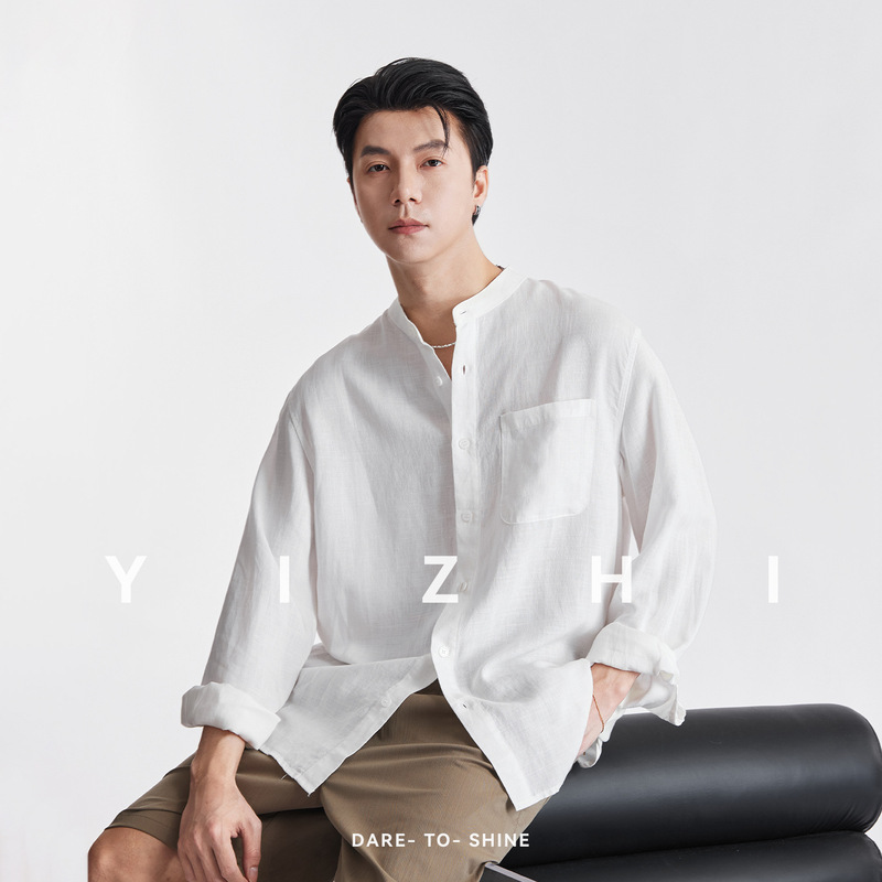 Tencel Linen Stand Collar Long Sleeve Shirt for Men, Summer Breathable Textured Single Pocket Loose Chinese-Style Shirt