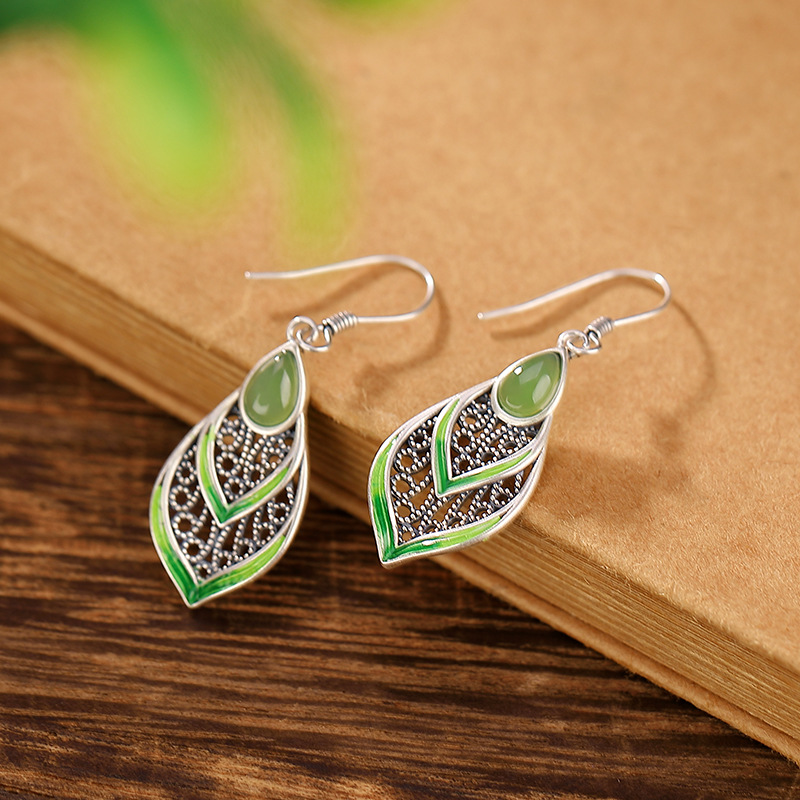 Bông tai giọt nước tráng men ngọc bích phong cách Bohemian bạc S925 — Một cặp