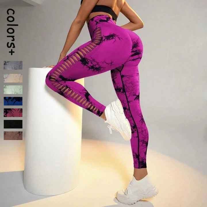 Upgrade Tie-Dye Yoga Pants: High-Waisted, Hip-Boosting Fitness Leggings with Side-Slit Hollow Design and Seamless Construction