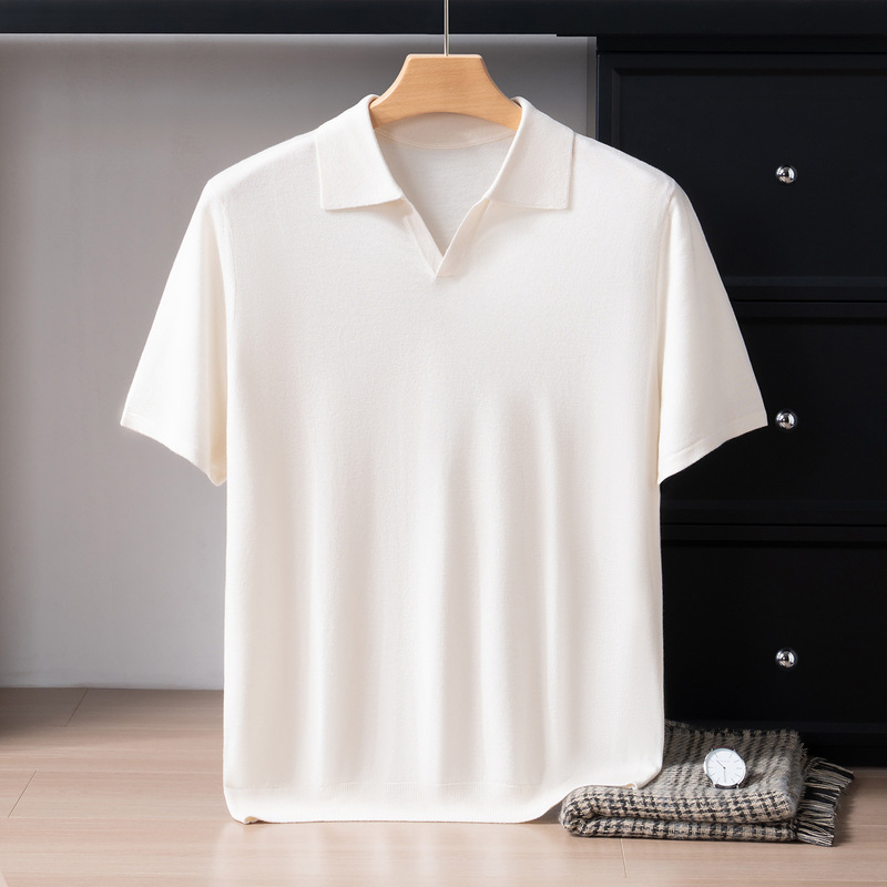 2026 Spring/Summer Thin Men's Fine Wool Cashmere and Mulberry Silk Half-Turn Collar Short Sleeve Business Casual Solid Color Knit Shirt 2026 Spring/Summer Thin Men's Fine Wool Cashmere and Mulberry Silk Half-Turn Collar Short Sleeve Business Casual Solid Color Knit Shirt