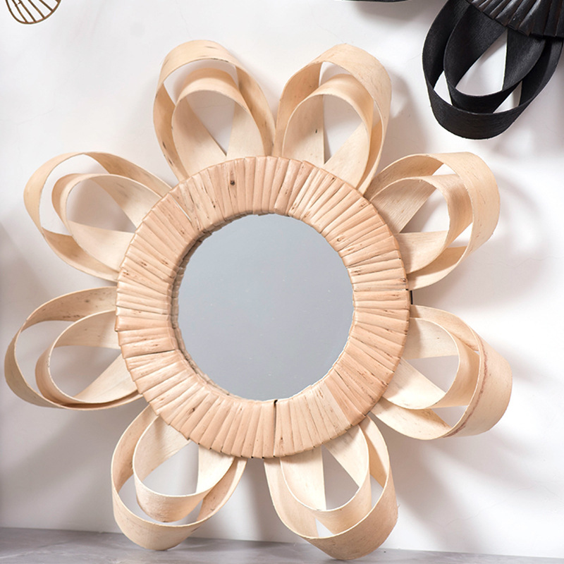 Paja hecha a mano de madera espejo decorativo salón de fondo colgante de pared pasillo Hotel B & B baño espejo cosmético espejo redondo