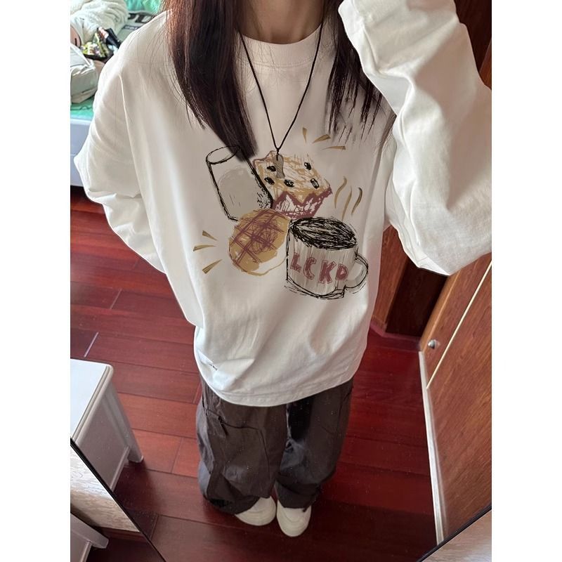 100%纯棉白色长袖t恤女内搭慵懒风春秋单穿宽松打底早秋chic上衣|undefined